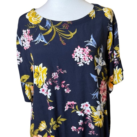 LOFT Navy Floral Blouse Large Ruffle Short Sleeve Cottagecore Bloomcore Flower - Picture 2 of 9